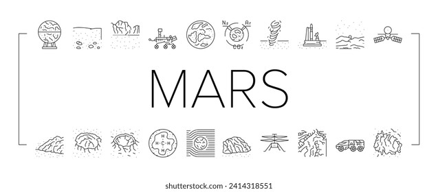 los iconos de astronomía de mars planet establecen vector. ciencia del cosmos, universo del planeta, galaxia solar, rojo del mundo, exploración de la astronomía del planeta del cielo ilustraciones de la línea negra