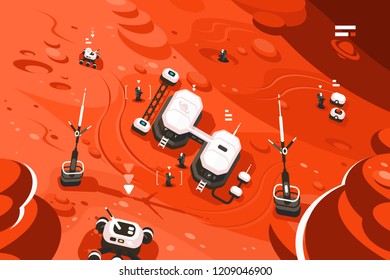 Mars planet station orbit base. Expedition on alien red planet. Martian colony space landscape. Flat. Vector illustration.