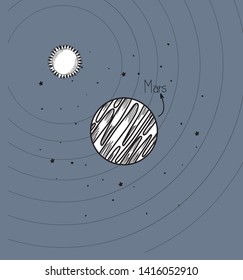 Mars planet and sun draw of solar system design