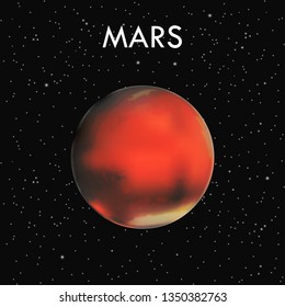 Mars planet vector cartoon illustration. Red planet Mars of Solar system in dark space with lighting stars and sign above