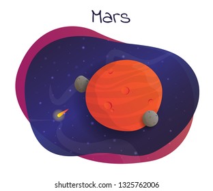 Mars planet vector illustration with its' Phobox and Deimos moons and starry space in the background