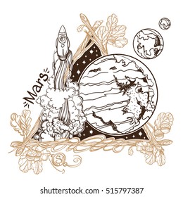 Mars. Planets and stars of Solar system. Symbols for astronomy and astrology. Coloring page.