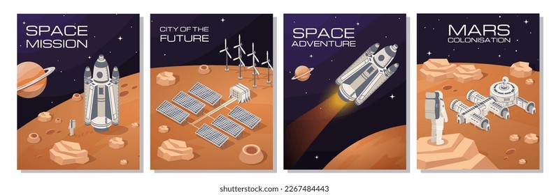 Mars posters set. Collection of graphic elements for website. Astrology and astronomy, science and travel. Rocket and spaceship. Cartoon flat vector illustrations isolated on white background