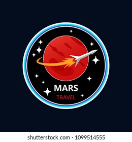 Mars program mission.
Space rocket adventure, colonization of Red planet, scientific project. Mars vector illustration for label, sticker or print.
