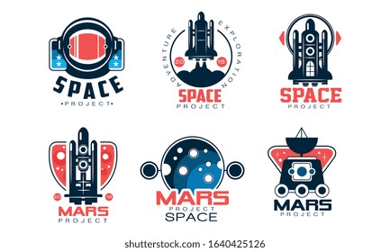 Mars Project Logo Collection, Space, Exploration, Red Planet Colonization Labels Vector Illustration