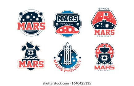Mars Project Logo Design Templates Collection, Space Adventure, Exploration, Red Planet Colonization Labels Vector Illustration