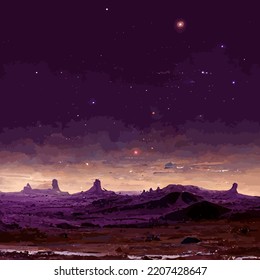 Mars purple space landscape with big planets in the starry purple sky, meteors and mountains. Nature on another planet