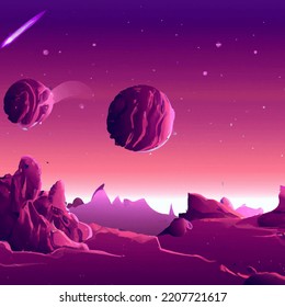 Mars purple space landscape with big planets in the starry purple sky, meteors and mountains. Nature on another planet with a huge planet on the horizon
