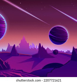 Mars purple space landscape with big planets in the starry purple sky, meteors and mountains. Nature on another planet with a huge planet on the horizon
