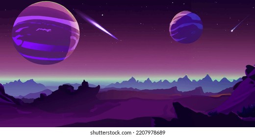 Mars purple space landscape with big planets in the starry purple sky, meteors and mountains. Nature on another planet with a huge planet on the horizon