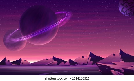 Mars purple space landscape with large planets on purple starry sky, meteors and mountains on the horizon