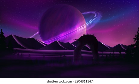 Mars purple space landscape with pine forest, starry sky and Northern lights. Nature on another planet with a huge planet on the horizon.