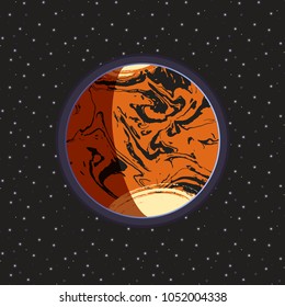Mars - red globe terrestrial exo planet on dark space stars background. Futuristic cartoon scenery. Vector space illustration in comics style. Mars colonization project. Universe concept poster