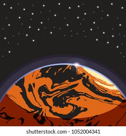 Mars - red globe terrestrial exo planet on dark space stars background. Futuristic cartoon scenery. Vector space illustration in comics style. Mars colonization project. Universe concept poster