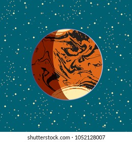 Mars - red globe terrestrial exo planet on blue space stars background. Futuristic cartoon scenery. Vector space illustration in comics style. Mars colonization project. Universe concept poster