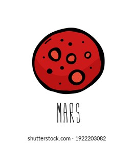 Mars red planet doodle logo icon sign Hand drawn sketch lettering Astronomical scientific children's style Cartoon design Fashion print clothes apparel greeting invitation card badge poster banner