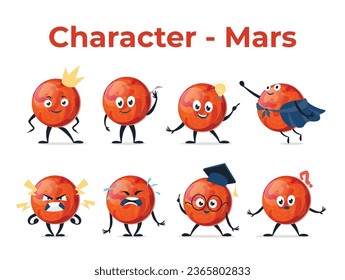 Mars red planet funny character set cartoon emoticon isometric vector illustration. Astrology exploration emoji crown greeting superhero idea crying angry academic knowledge astonished question smiley