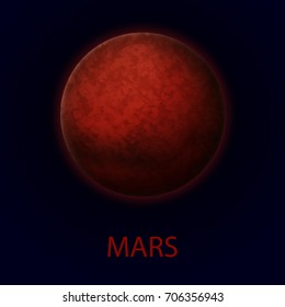 Mars. Red realistic planet of the solar system. Fourth planet from the sun. Vector illustration on dark background.