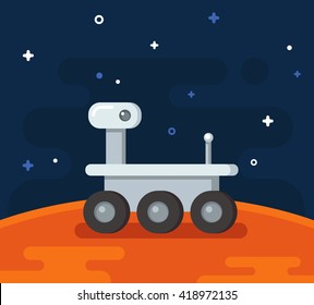 Mars Research Rover. Flat Cartoon Vehicle On Planet Surface. 