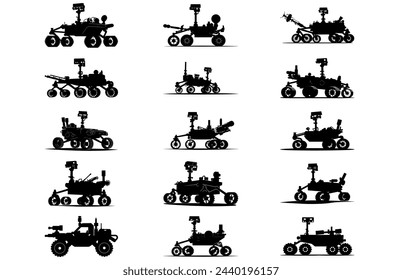 Mars Rover Black Vector Silhouette, Planetary rover, Aerospace mars vehicle, Martian NASA equipment.
