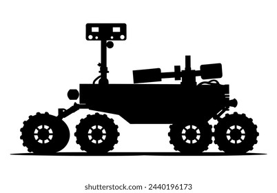 Mars Rover Black Vector Silhouette, Planetary rover, Aerospace mars vehicle, Martian NASA equipment.
