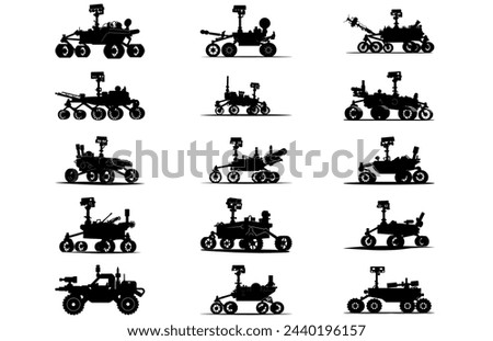 Mars Rover Black Vector Silhouette, Planetary rover, Aerospace mars vehicle, Martian NASA equipment.
