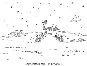 The Mars rover contour illustration - Space colonization, a rover on a distant planet with craters and rocks, starry sky