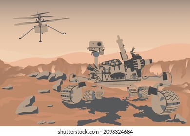 Mars rover curiosity and helicopter ingenuity on the Mars surface with rocks and sand and mountains on the background. Mars exploration concept. Vector illustration.