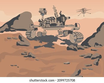 Mars rover curiosity and helicopter ingenuity on the Mars surface near the desert sea with rocks and mountains on the background. Mars exploration concept. Vector illustration.