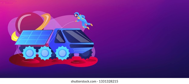 Mars rover examining territory and doing scientific research and astronaut. Mars rover, new planet exploration, revolution technology concept. Header or footer banner template with copy space.