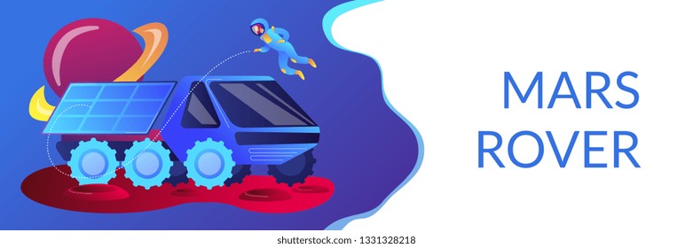 Mars rover examining territory and doing scientific research and astronaut. Mars rover, new planet exploration, revolution technology concept. Header or footer banner template with copy space.