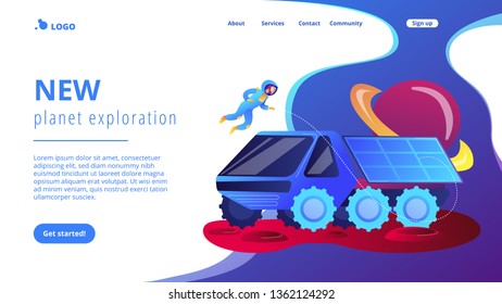 Mars rover examining territory and doing scientific research and astronaut. Mars rover, new planet exploration, revolution technology concept. Website vibrant violet landing web page template.