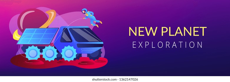 Mars rover examining territory and doing scientific research and astronaut. Mars rover, new planet exploration, revolution technology concept. Header or footer banner template with copy space.