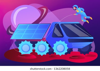 Mars rover examining territory and doing scientific research and astronaut. Mars rover, new planet exploration, revolution technology concept. Bright vibrant violet vector isolated illustration