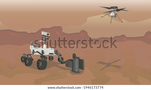 Mars rover and helicopter at panorama.\
Vector illustration of Mars planet\
landscape