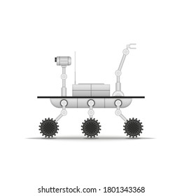 Mars Rover Or Lunar Rover Side View With Manipulator And Video Camera, Clipart Realistic Vector 3d Model Isolated On White