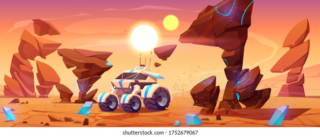 Mars Rover On Red Planet Surface Explore Alien Landscape. Robotic Autonomous Vehicle For Space Discovery And Scientific Research With Huge Wheels, Antenna And Solar Panel, Cartoon Vector Illustration