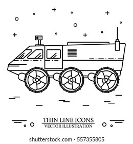 Mars rover on the white background. Human mission to Mars. For web design and application interface, also useful for infographics. Thin line icon. Vector Illustration.