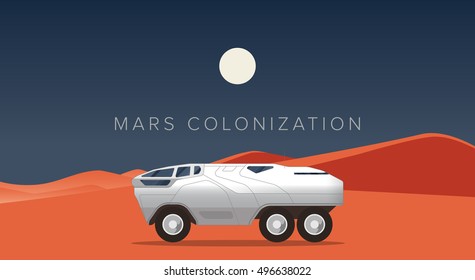 Mars rover poster Vector illustration on the theme of space exploration and mars colonization