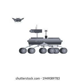 Mars rover. Research rover with a drone, vector illustration