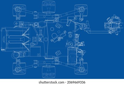 Mars Rover. Vector rendering of 3d. Wire-frame style. Elements of this image furnished by NASA