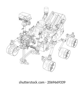 Mars Rover. Vector rendering of 3d. Wire-frame style. Elements of this image furnished by NASA