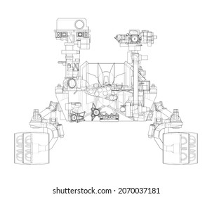 Mars Rover. Vector rendering of 3d. Wire-frame style. Elements of this image furnished by NASA. Orthography or isometric