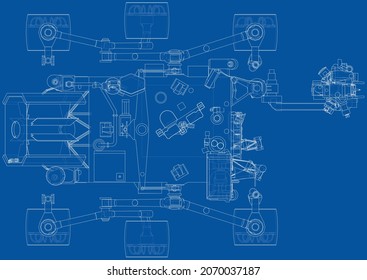 Mars Rover. Vector rendering of 3d. Wire-frame style. Elements of this image furnished by NASA. Orthography or isometric