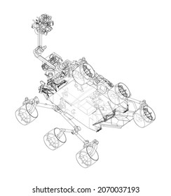 Mars Rover. Vector rendering of 3d. Wire-frame style. Elements of this image furnished by NASA. Orthography or isometric