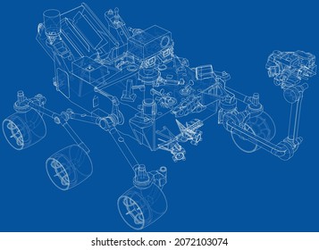 Mars Rover. Vector rendering of 3d. Wire-frame style. Elements of this image furnished by NASA