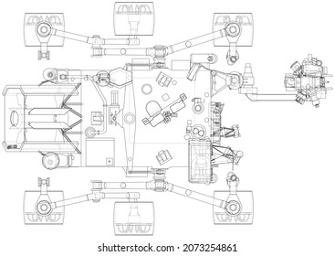 Mars Rover. Vector rendering of 3d. Wire-frame style. Elements of this image furnished by NASA. Orthography or isometric