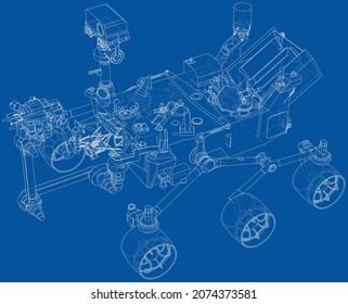 Mars Rover. Vector rendering of 3d. Wire-frame style. Elements of this image furnished by NASA