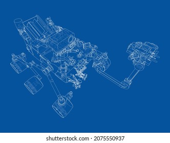 Mars Rover. Vector rendering of 3d. Wire-frame style. Elements of this image furnished by NASA