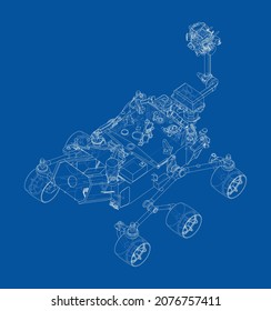 Mars Rover. Vector rendering of 3d. Wire-frame style. Elements of this image furnished by NASA. Orthography or isometric